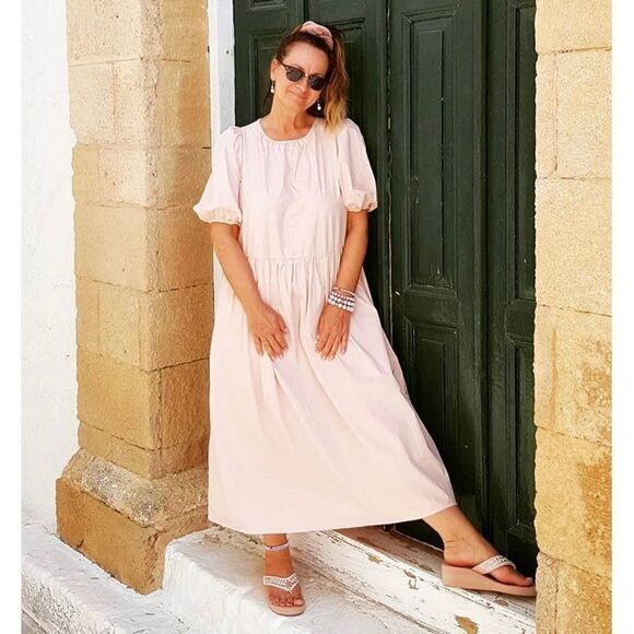 Calf-length Dress Dusty Pink Cotton M NWT Wide Cut - Picture 4 of 8